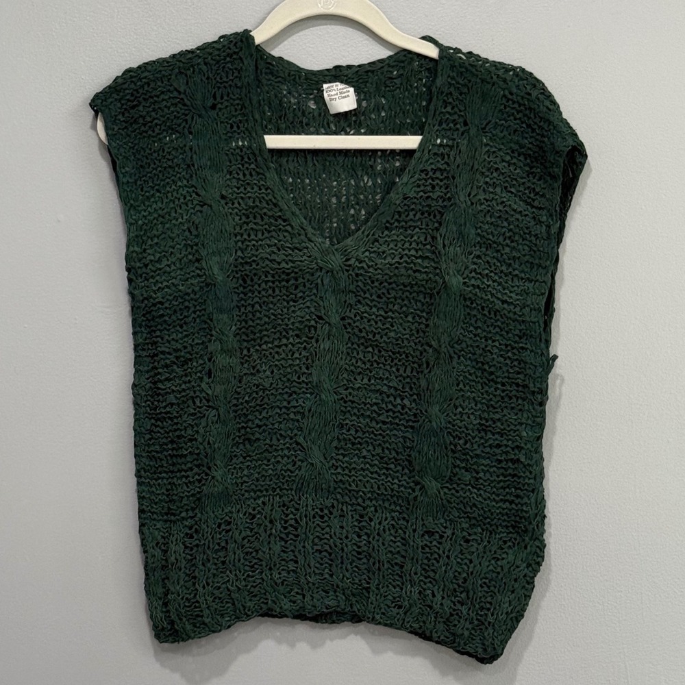 Handmade 100% Leather Woven Cable Knit V-Neck Sweater Vest Forest Green Turkey